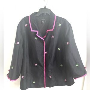 Silkland Jacket Silk Embroidered Umbrella Print Artsy Vintage Lounge Pink Trim